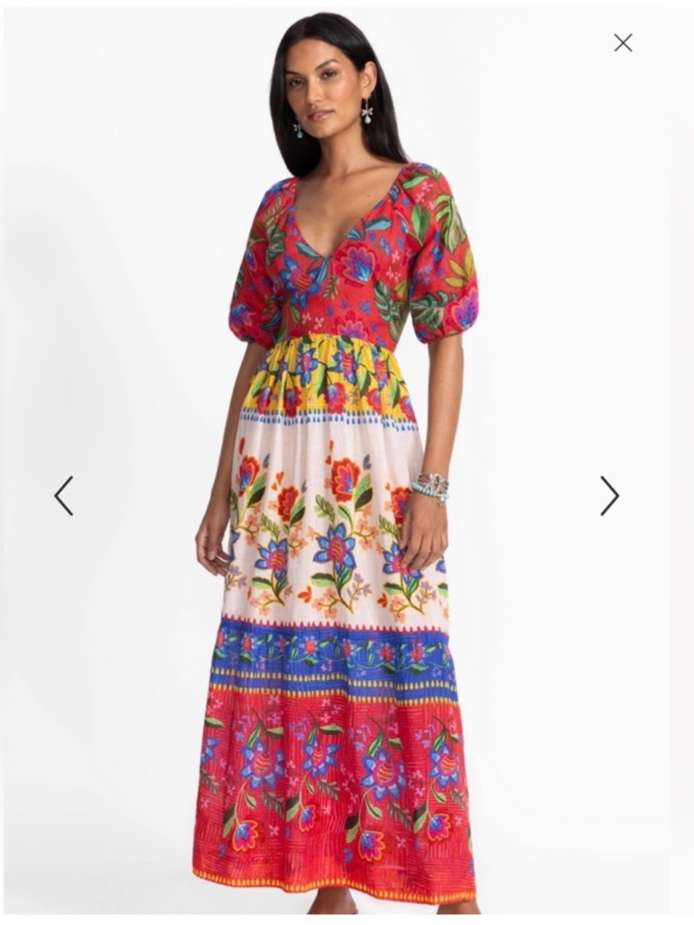 Johnny Was Red Floral Puff-Sleeve Maxi Dress with Multicolor Panels